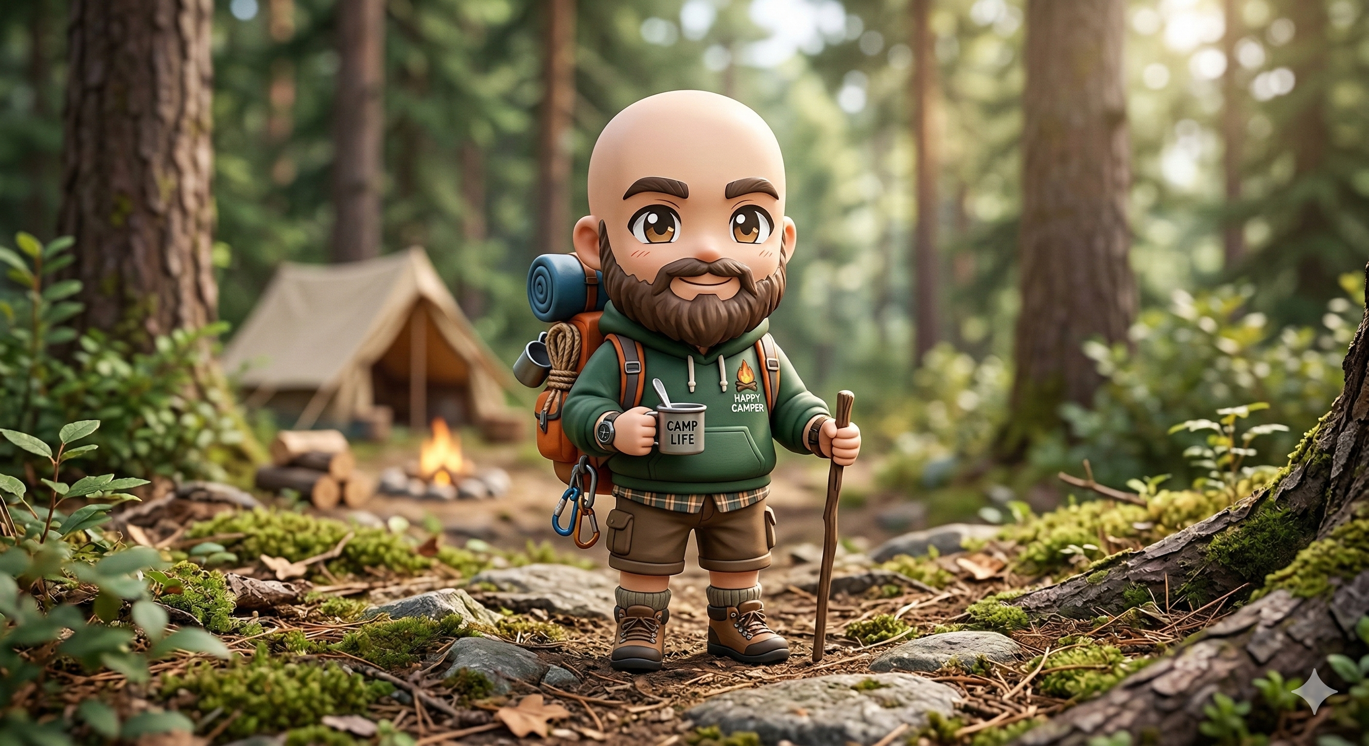 RoamFree mascot in a forest campsite